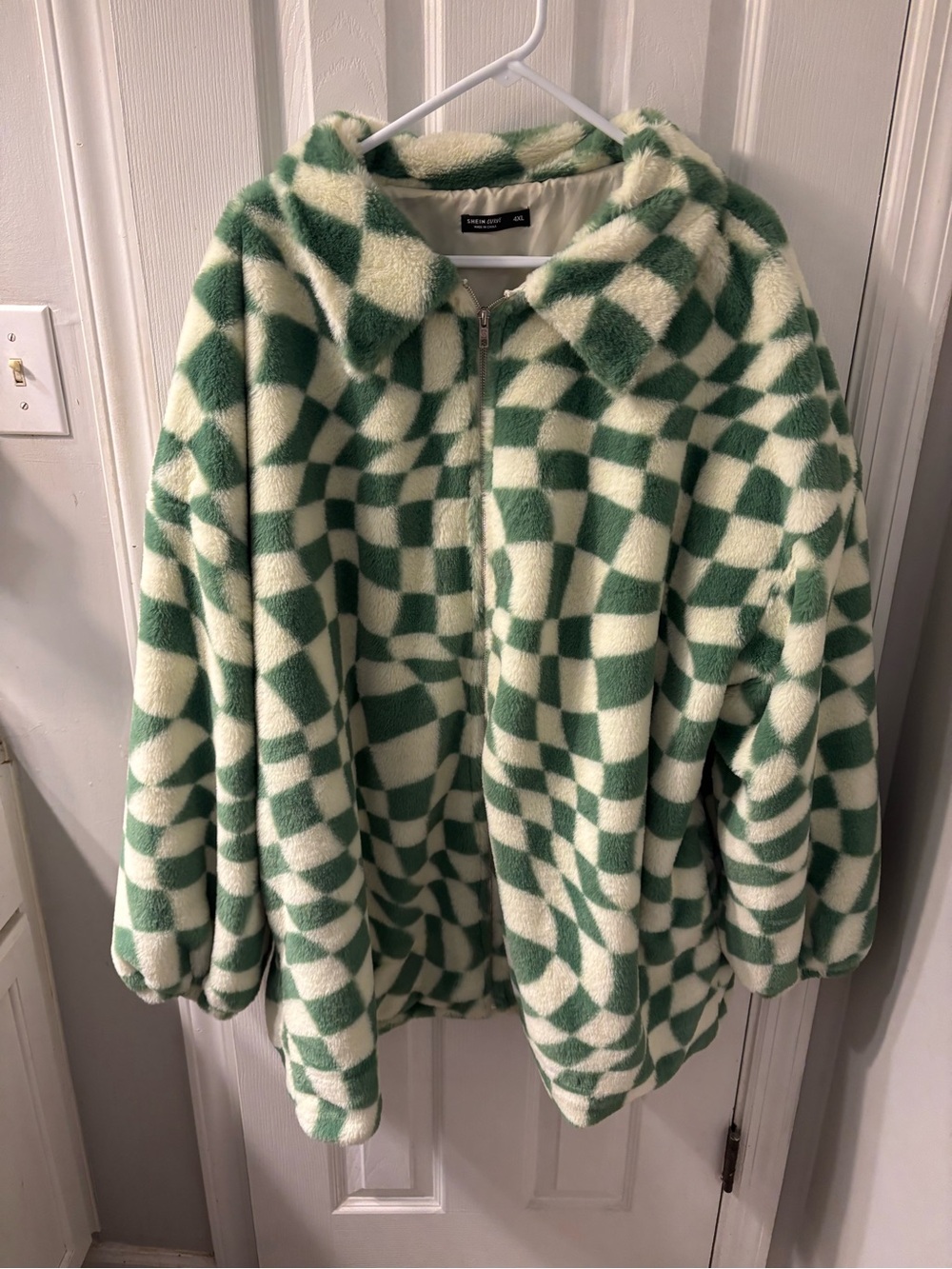 Green Checkerboard Fuzzy Zip Jacket